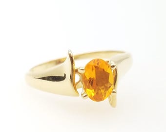 14K Gold Mexican Orange Opal Solitaire Bypass Ring - Size 7.75