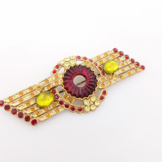 Rare Art Deco Red Glass & Gold Tone Brooch With R… - image 2