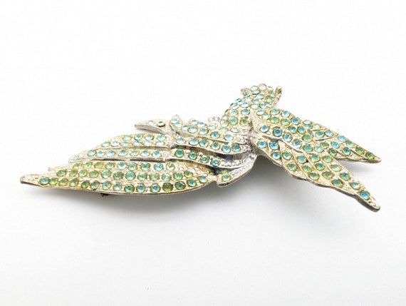 Large 1930s Blue & Green Rhinestone Bird Brooch -… - image 5