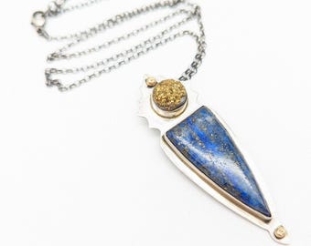 Artisan Blue Lapis & Gold Druzy Sterling Silver Pendant Necklace - 25.5"