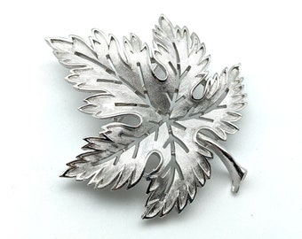 Crown Trifari Leaf Brooch, Dual Textured Silver Tone
