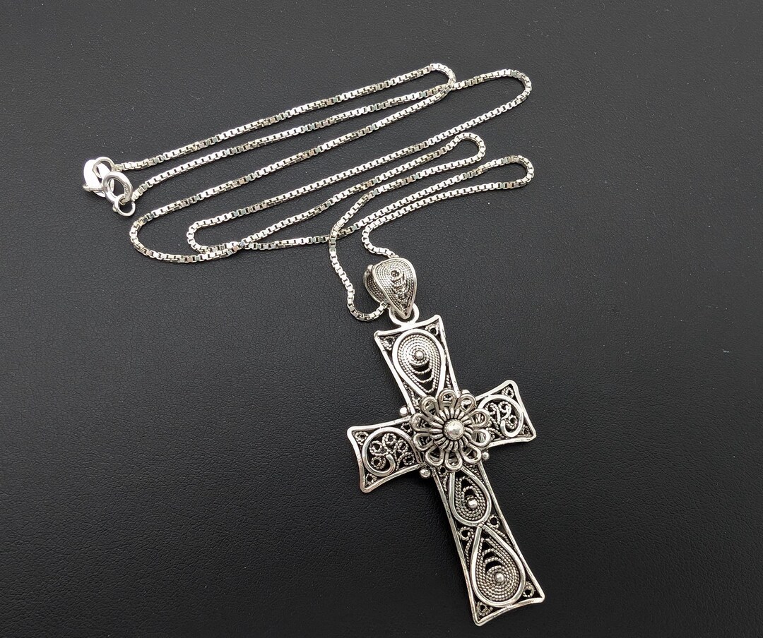 Vintage Sterling Silver Filigree Cross Pendant Necklace - 20" - Etsy