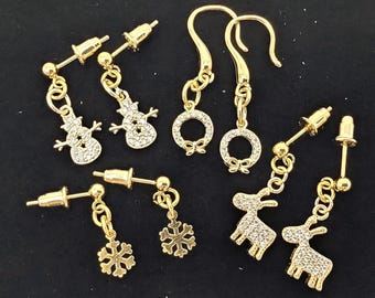 18K Gold Vermeil Sterling Silver CZ Holiday Dangle Earrings, Set of Four Pairs: Snowman, Reindeer, Snowflake, Wreath