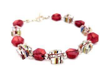 Vintage Sterling Silver & Art Glass Bead Bracelet - 8"