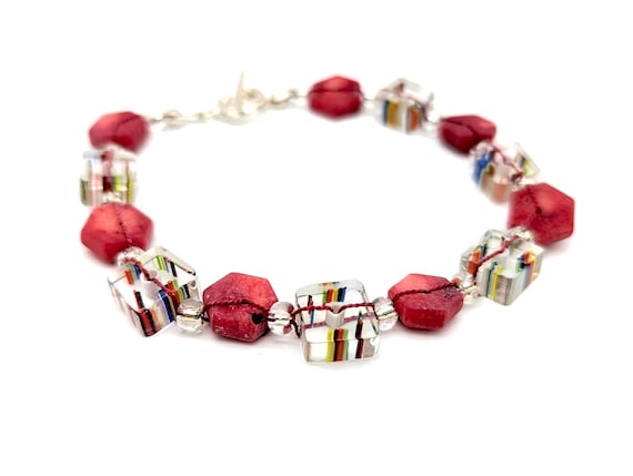 Sterling Silver & Art Glass Bead Bracelet - 8"