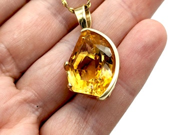 14K Gold Honey Citrine Pendant Necklace: Fantasy Cut Gemstone