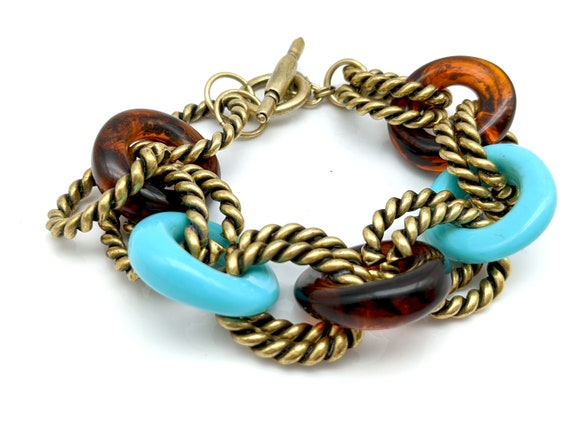 Vintage Faux Turquoise & Brass Chico's Chunky Lin… - image 1