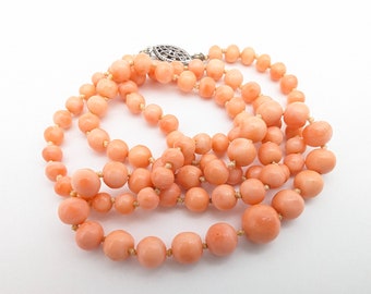 Vintage Natural Pink Angelskin Coral & Sterling Silver Bead Necklace - 21.5"