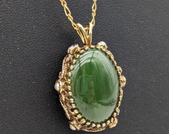 Antique 14K Gold Reversible Carved Cameo & Jade Cabochon Pendant Necklace With Seed Pearls - 18"