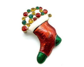 Vintage Christmas Stocking Pin with Rhinestone Accents