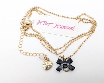 Vintage Betsey Johnson Bow Pendant and Gold Bead Ball Chain Necklace - 29 - 32" Adjustable
