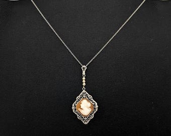 Antique 10k Gold Filigree Cameo & Seed Pearl Pendant Necklace - 15"
