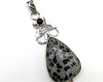 Dalmatian Jasper, Onyx and Sterling Silver Fly Pendant