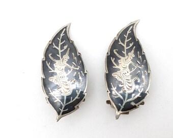 Niello Sterling Silver Black Enamel Manimekhala Siam Goddess Leaf Clip Earrings