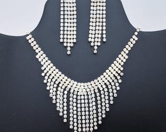 Silver Rhinestone Waterfall Necklace & Dangle Earrings Set