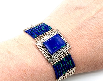 Vintage Liquid Sterling Silver & Azure Malachite Bead Bracelet - 7.5"