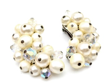 Vintage Signed Laguna White & AB Crystal Glass Bead Cluster Clip On Earrings - 1 5/8"