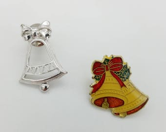 Two Vintage Holiday Bells Pins, One Silver, One Red and Yellow Enamel