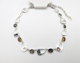 Old Stock Faux Abalone Silvertone Necklace - 16-18"