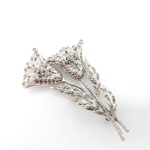Silver Plated Faux Marcasite Floral Brooch - 2.75&quot;