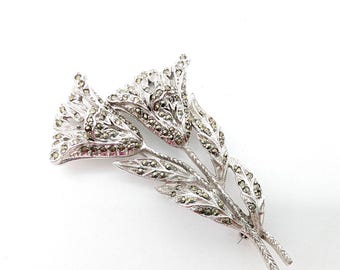 Silver Plated Faux Marcasite Floral Brooch - 2.75"