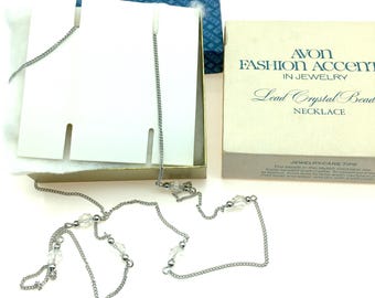 1977 Avon "Lead Crystal Bead" Long Silver Tone Chain Necklace, New Condition in Original Box