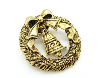 Antiqued Bronze Wreath & Bell Brooch - Old Stock, New Condition