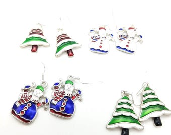 Enamel Snowman or Tree Dangle Earrings with Silver-Plated French Wires - Choose From 4 Styles