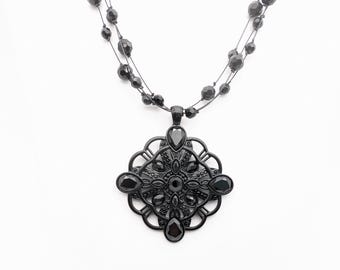 Boxed Lia Sophia Moonstruck Black Beaded Pendant Necklace 16-19" Adjustable