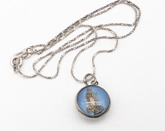 Vintage Sterling Silver & Glass Praying Hands Pendant Necklace, Old Stock, New Condition - 17.5"