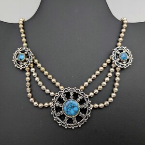 Vintage Sancrest Faux Turquoise & Silver Tone Bib Necklace - 18-20" Adjustable