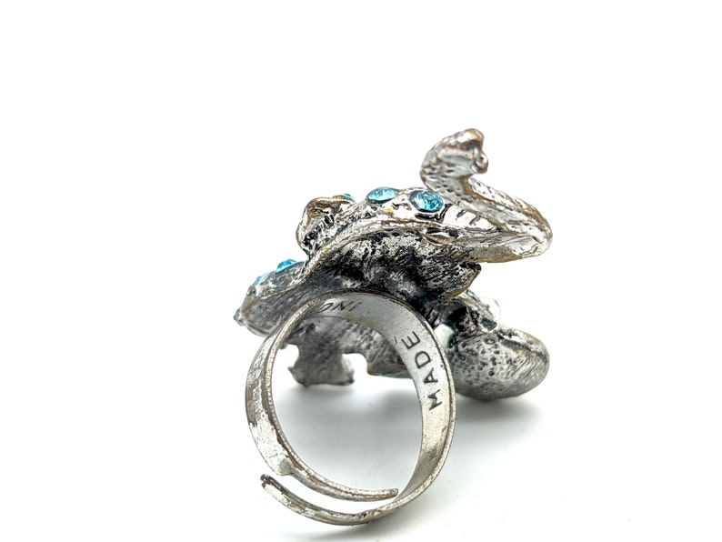 Vintage Adjustable Blue Enamel Rhinestone /& Faux Pearl Elephant Ring