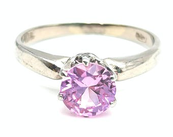10K White Gold & 1.5 Carat Lab Pink Sapphire Solitaire Ring - Size 5.25, Resizeable