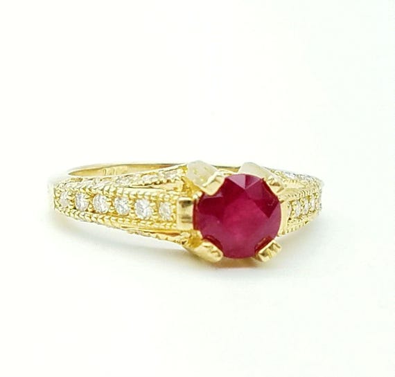 14K Gold Ruby Diamond Ring, Engagement Solitaire,… - image 1