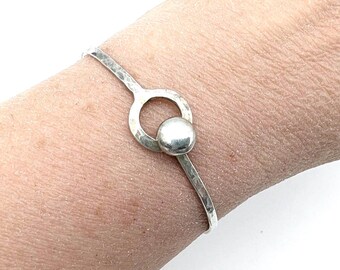 Hammered Sterling Silver Ball & Loop Hook Closure Bangle Bracelet