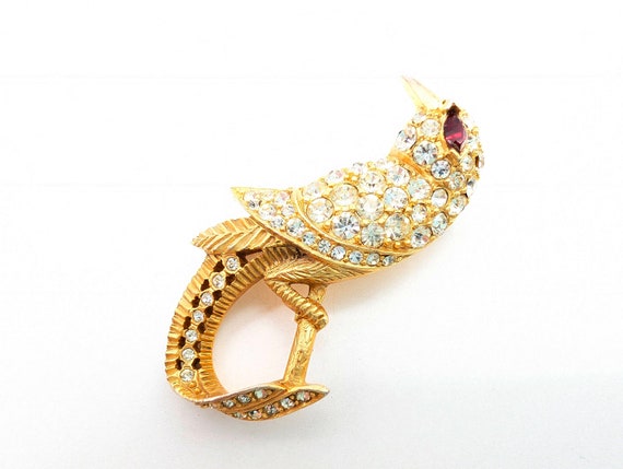 Hattie Carnegie Gold Plated Rhinestone Bird Brooc… - image 2