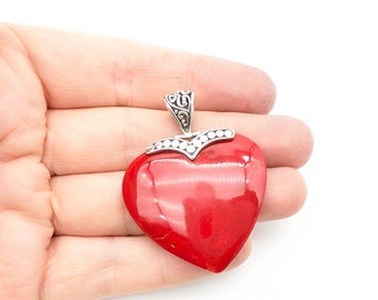 Vintage Sterling Silver & Red Lucite Heart Pendant By Samuel B - 1.75"