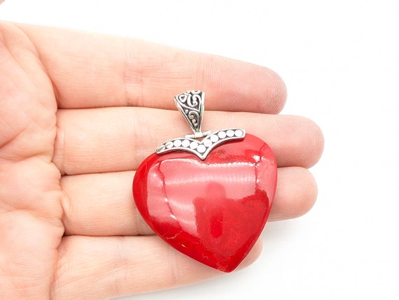Vintage Sterling Silver & Red Lucite Heart Pendan… - image 1