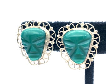 Vintage Carved Green Onyx & Sterling Silver Aztec Warrior Mask Screw-Back Earrings