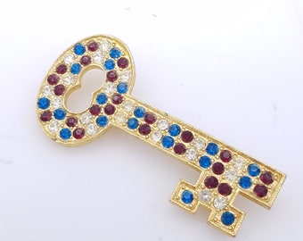 Vintage Red, White & Blue Rhinestone and Gold Tone Key Brooch Signed Rafaelian