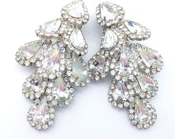 Pear Rhinestone Silvertone Floral Clip Earrings - 2.5"