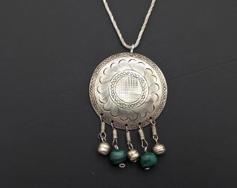 Vintage Sterling Silver & Malachite Beaded Dangle Pendant Necklace - 17"