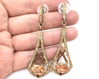Peachy Pink Goldtone Rhinestone Dangle Earrings - 3"