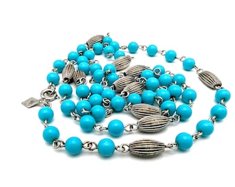 1970s Signed Sarah Coventry Silver Tone & Faux Turquoise Beaded Necklace  - 30"