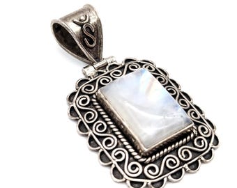 Rainbow Moonstone & Oxidized Sterling Silver Pendant
