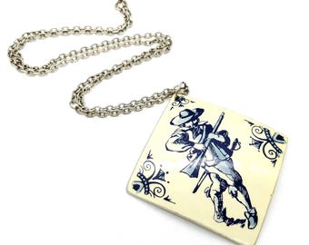 Vintage Delft Blue Dutch Souvenir Pendant Necklace with Dutch Boy Carrying a Gun