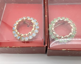 3 Vintage Opalescent Rhinestone Circle Brooches Signed Gerry's; Pink, Blue & Green