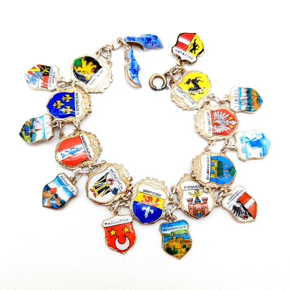 800 & 835 Silver European Enameled Travel Charm Bracelet With Enameled Charms