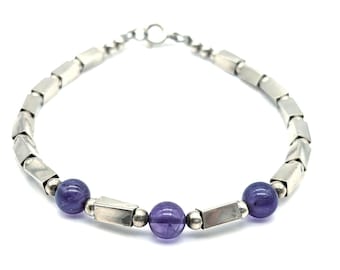 Sterling Silver & Amethyst Beaded Bracelet - 7"