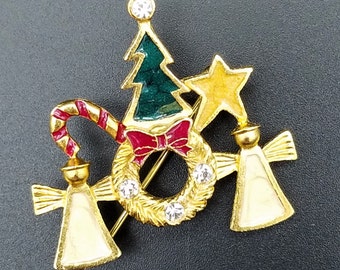 Vintage Enameled Christmas Brooch with Tree, Angels, Wreath, Candy Cane & Star!